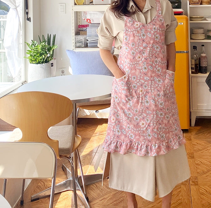 AURACASA Cherry-blossom frill Waterproof Apron For Women 벚꽃 프릴