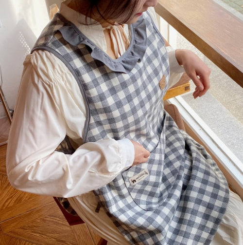 AURACASA pink gray black plaid brushed fleece winter kitchen apron with waterproof lining
