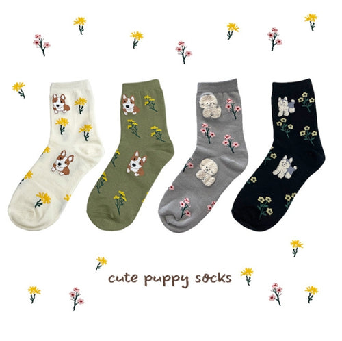 AURACASA cute puppy character crew socks with fluffy dog and flower print in white, black, khaki, and grey