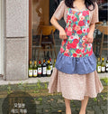 AURACASA watercolor floral print denim linen mini apron in blue with delicate flower design