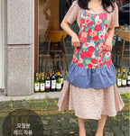 AURACASA watercolor floral print denim linen mini apron in blue with delicate flower design