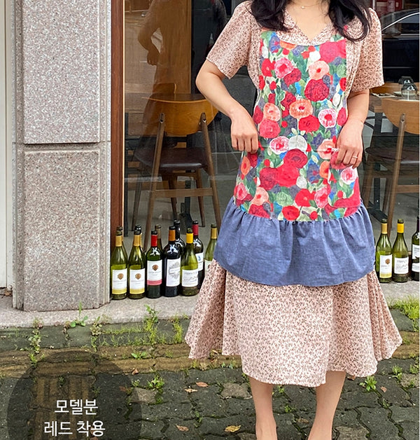 AURACASA Watercolor flower Denim linen mini apron  수채화 플라워 데님 린넨 미니 앞치마