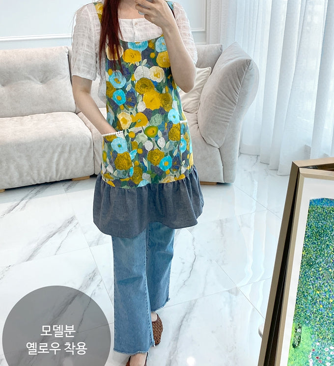 AURACASA Watercolor flower Denim linen mini apron  수채화 플라워 데님 린넨 미니 앞치마