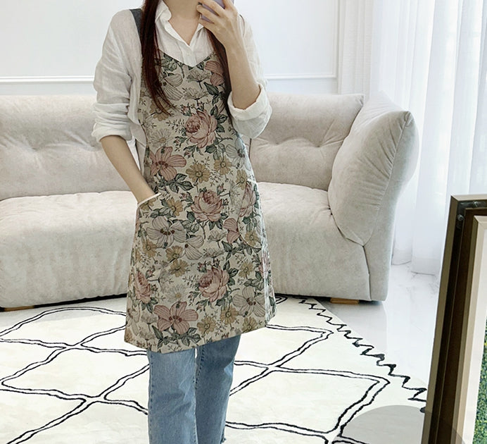 AURACASA Marshall Flower Linen Apron 마샬 플라워 린넨 H형 안감 방수 앞치마