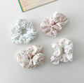 Flower shape scrunchie hair elastic bundle set of 4 in white and beige with pink and blue floral print, 10-14cm