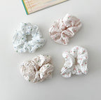 Flower shape scrunchie hair elastic bundle set of 4 in white and beige with pink and blue floral print, 10-14cm