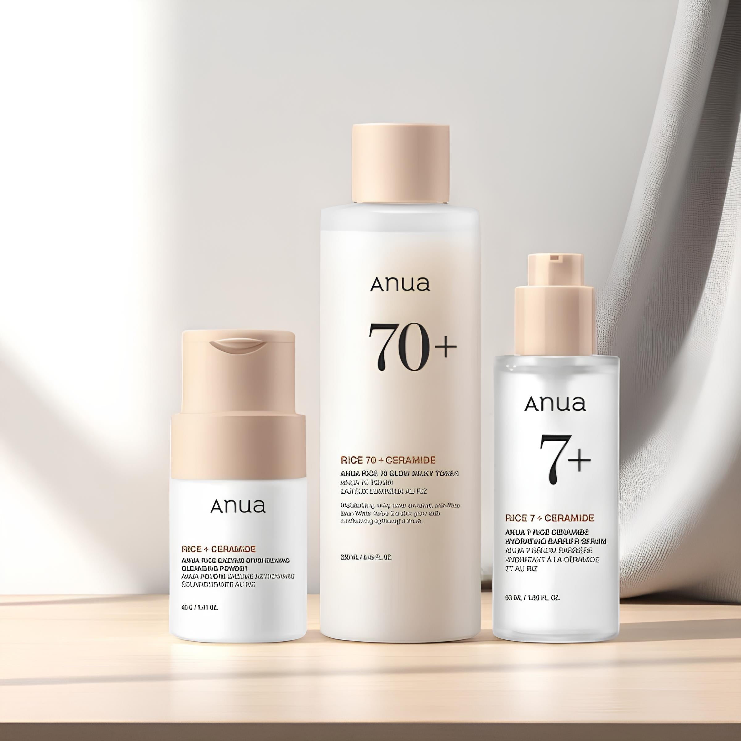 Anua rice ceramide skincare set with toner, serum and cream bottles for sensitive skin hydration