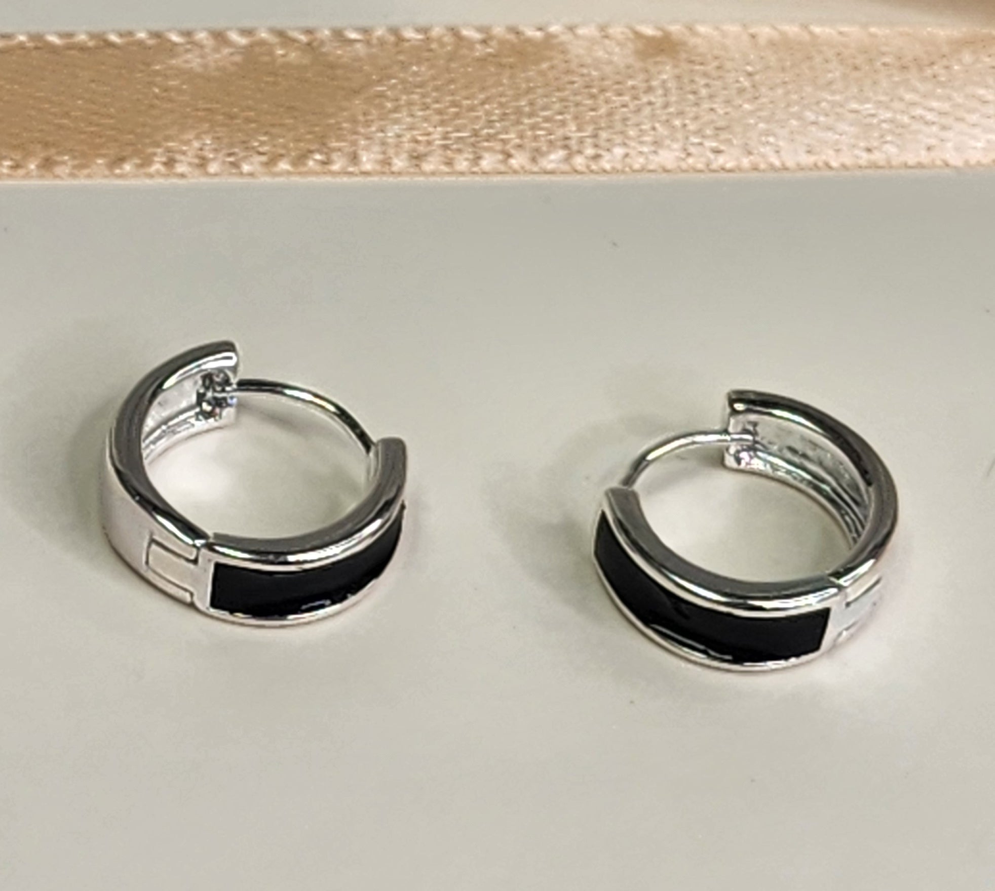 Sterling Silver Hoop Earrings with Black Enamel Inlay | Minimalist and Elegant Design
