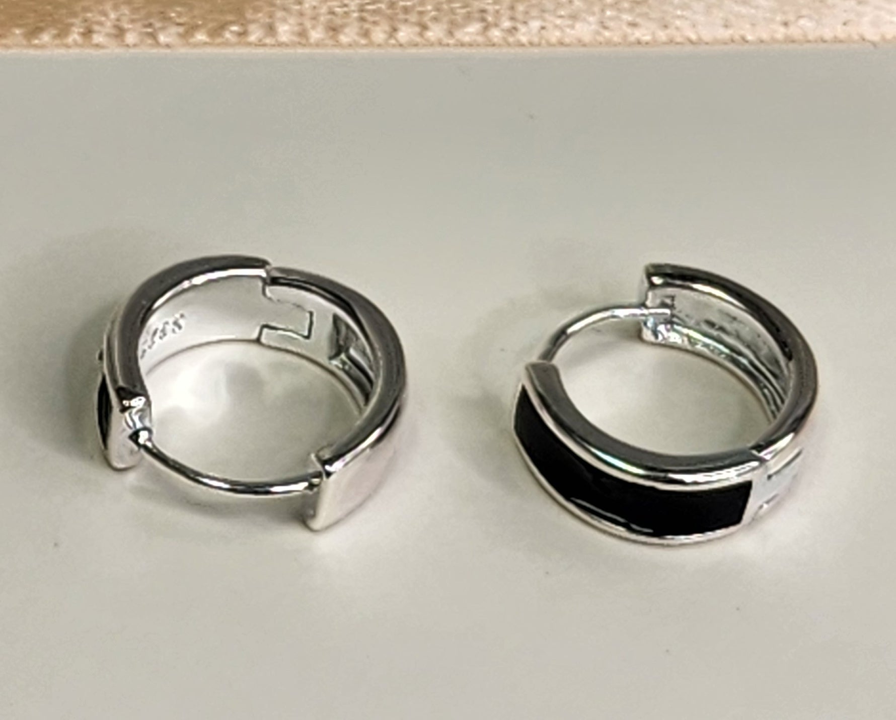 Sterling Silver Hoop Earrings with Black Enamel Inlay | Minimalist and Elegant Design