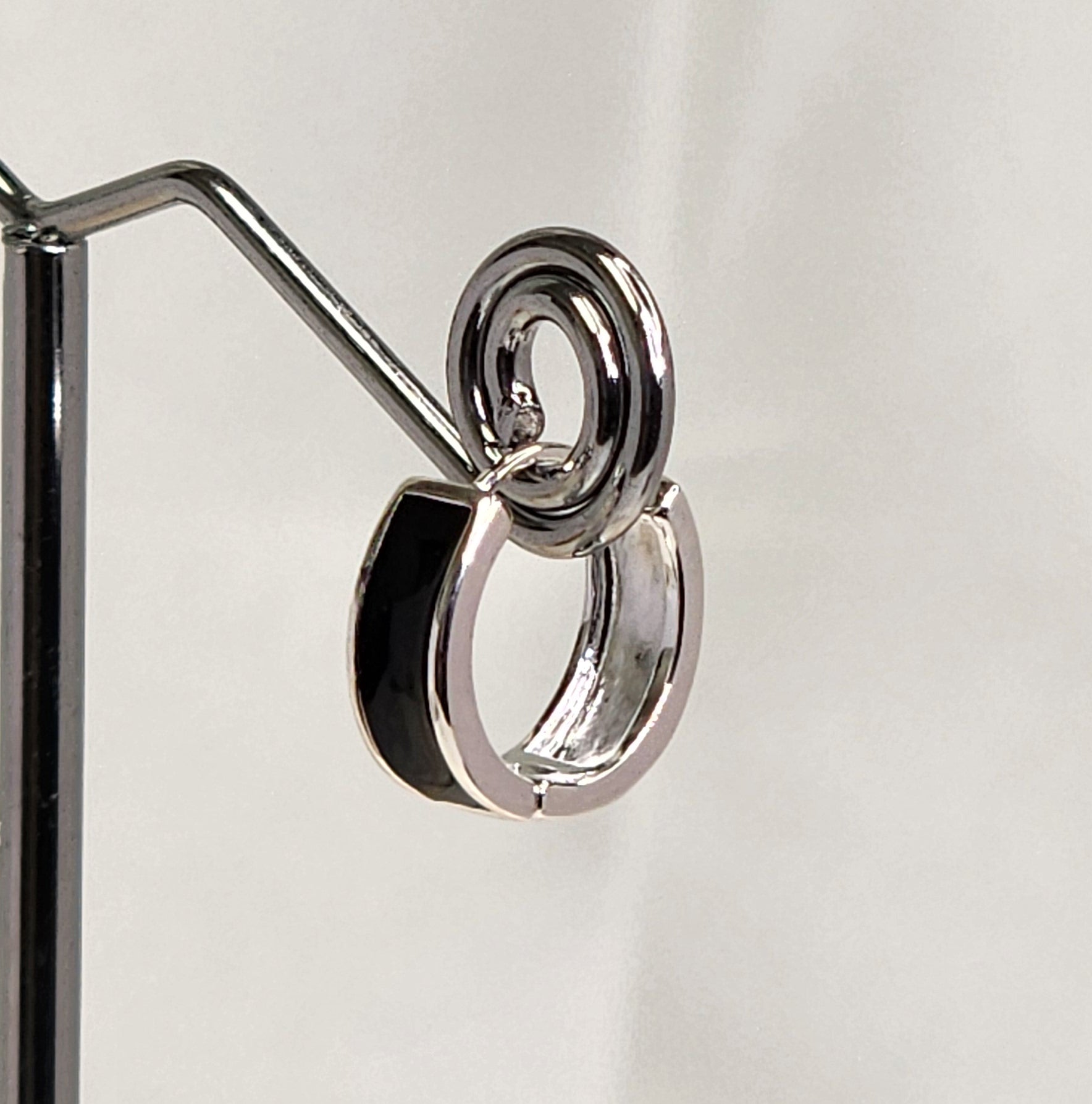 Sterling Silver Hoop Earrings with Black Enamel Inlay | Minimalist and Elegant Design