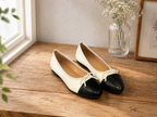 [AURACASA] Lambskin Leather Two-Tone Bow Ballet Flats – Beige & Black
