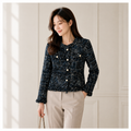 [AURACASA] Pearl Button Fringe Tweed Jacket – Elegant Semi-Cropped Fit
