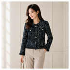 [AURACASA] Pearl Button Fringe Tweed Jacket – Elegant Semi-Cropped Fit