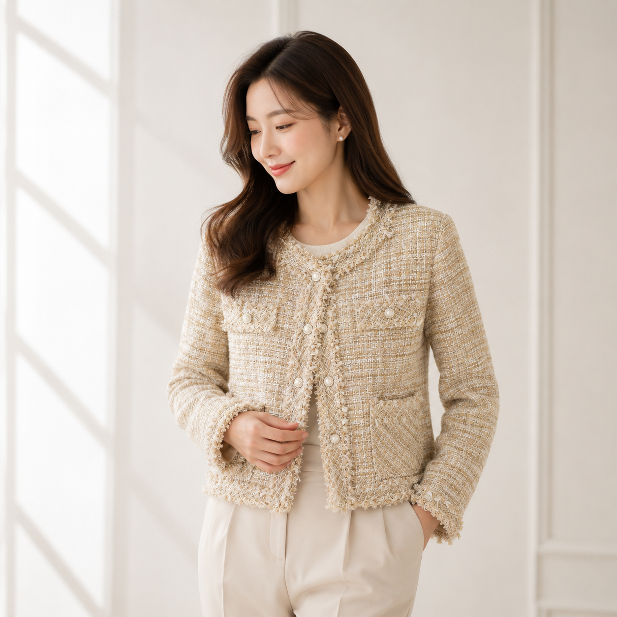 [AURACASA] Pearl Button Fringe Tweed Jacket – Elegant Semi-Cropped Fit
