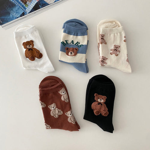 AURACASA cute bear socks set of 5 styles including striped teddy bear, baby bears, brown bears, white and black big bear desi