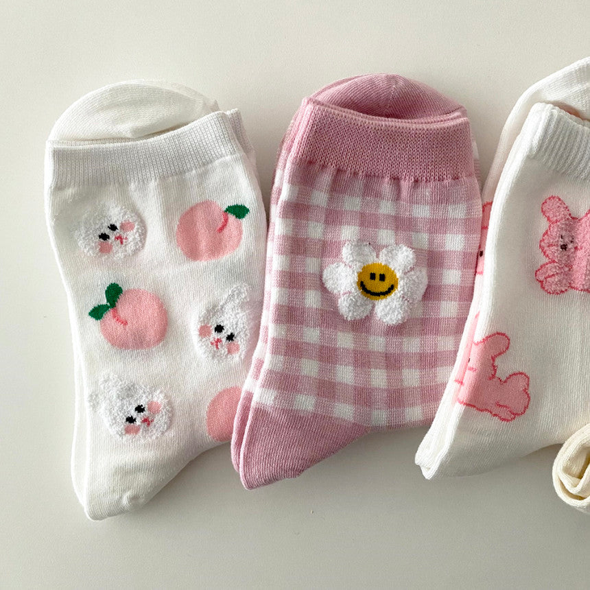 AURACASA Cute Gift Women 5 Pairs Socks Pink Set 귀여운 5종 양말 핑크세트
