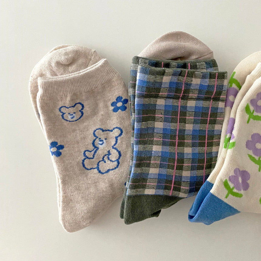 AURACASA Daily Women 5 Pairs Socks 08. Khaki blue set