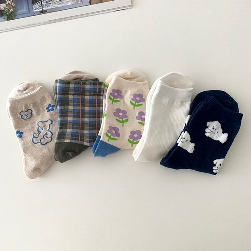 AURACASA women's daily socks 5-pair set in khaki blue tones
