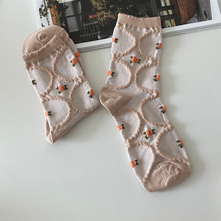 AURACASA Daily Women 5 Pairs Socks 03. Beige Flower Set