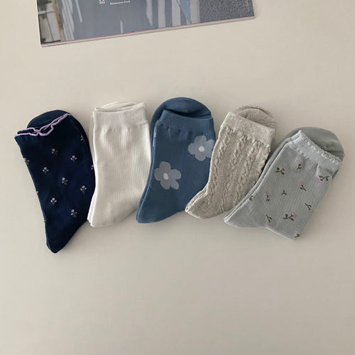 AURACASA women's blue flower patterned socks set of 5 pairs daily wear ankle socks