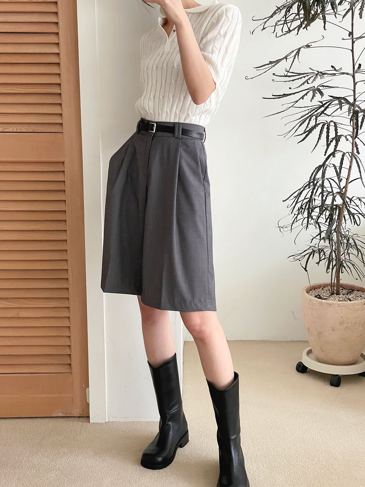 AURACASA Glory Tailored Bermuda Shorts – High-Waist Belted 5” Length Slacks