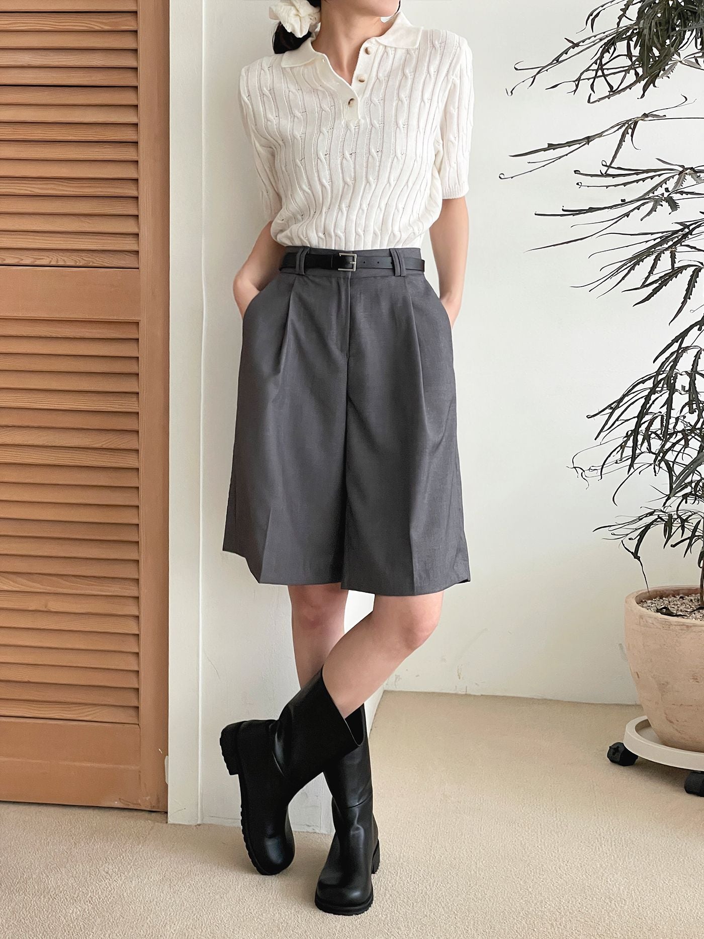 AURACASA Glory Tailored Bermuda Shorts – High-Waist Belted 5” Length Slacks