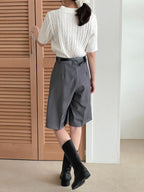 AURACASA Glory Tailored Bermuda Shorts – High-Waist Belted 5” Length Slacks
