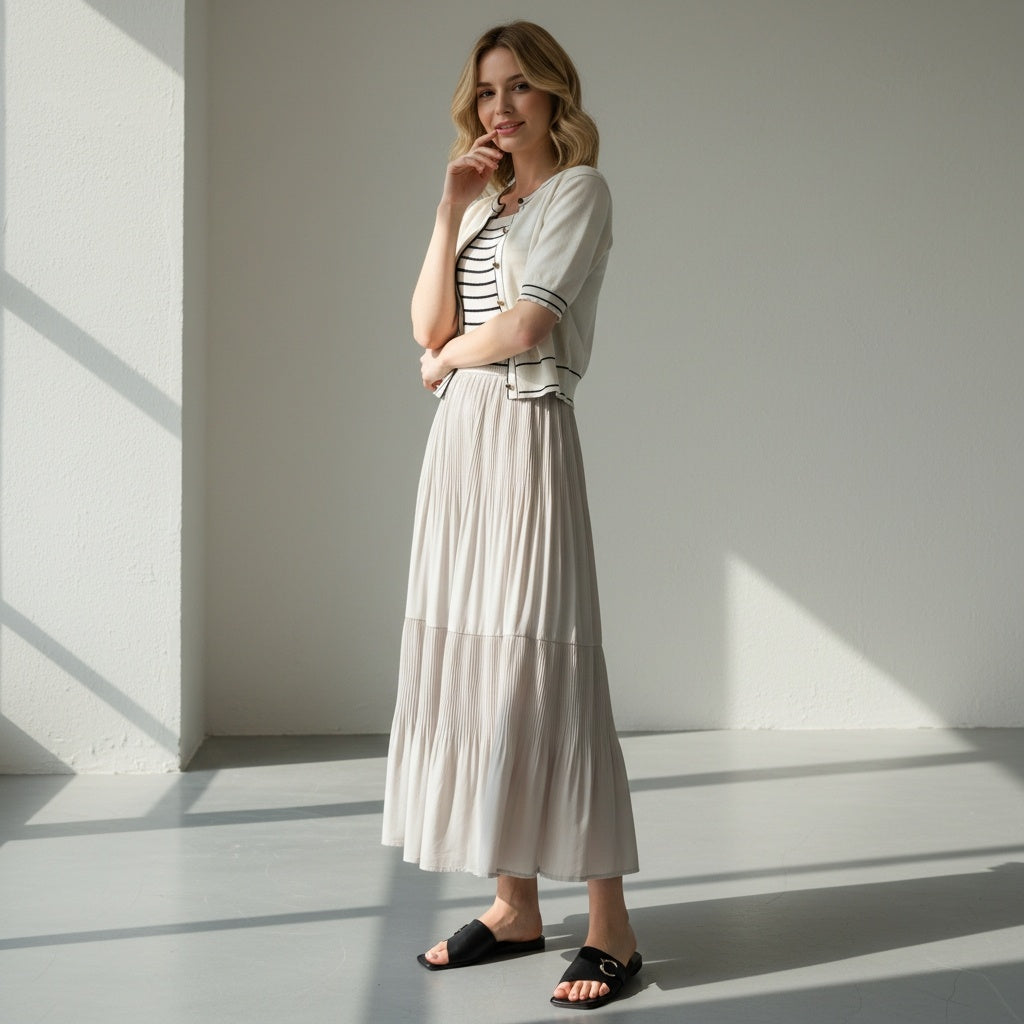 [AURACASA] Shine Set – Stripe Knit Maxi Dress & Cardigan 2-Piece Set