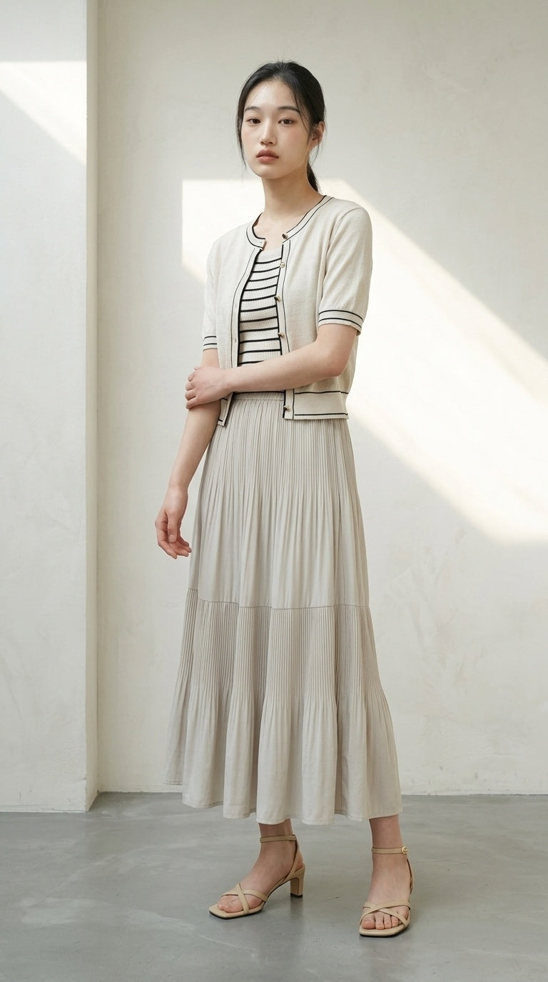 [AURACASA] Shine Set – Stripe Knit Maxi Dress & Cardigan 2-Piece Set