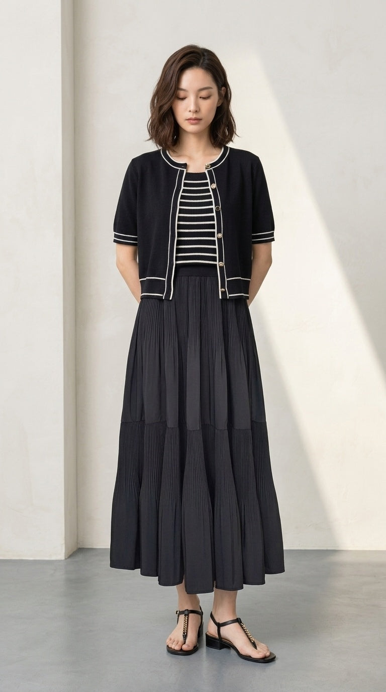 [AURACASA] Shine Set – Stripe Knit Maxi Dress & Cardigan 2-Piece Set