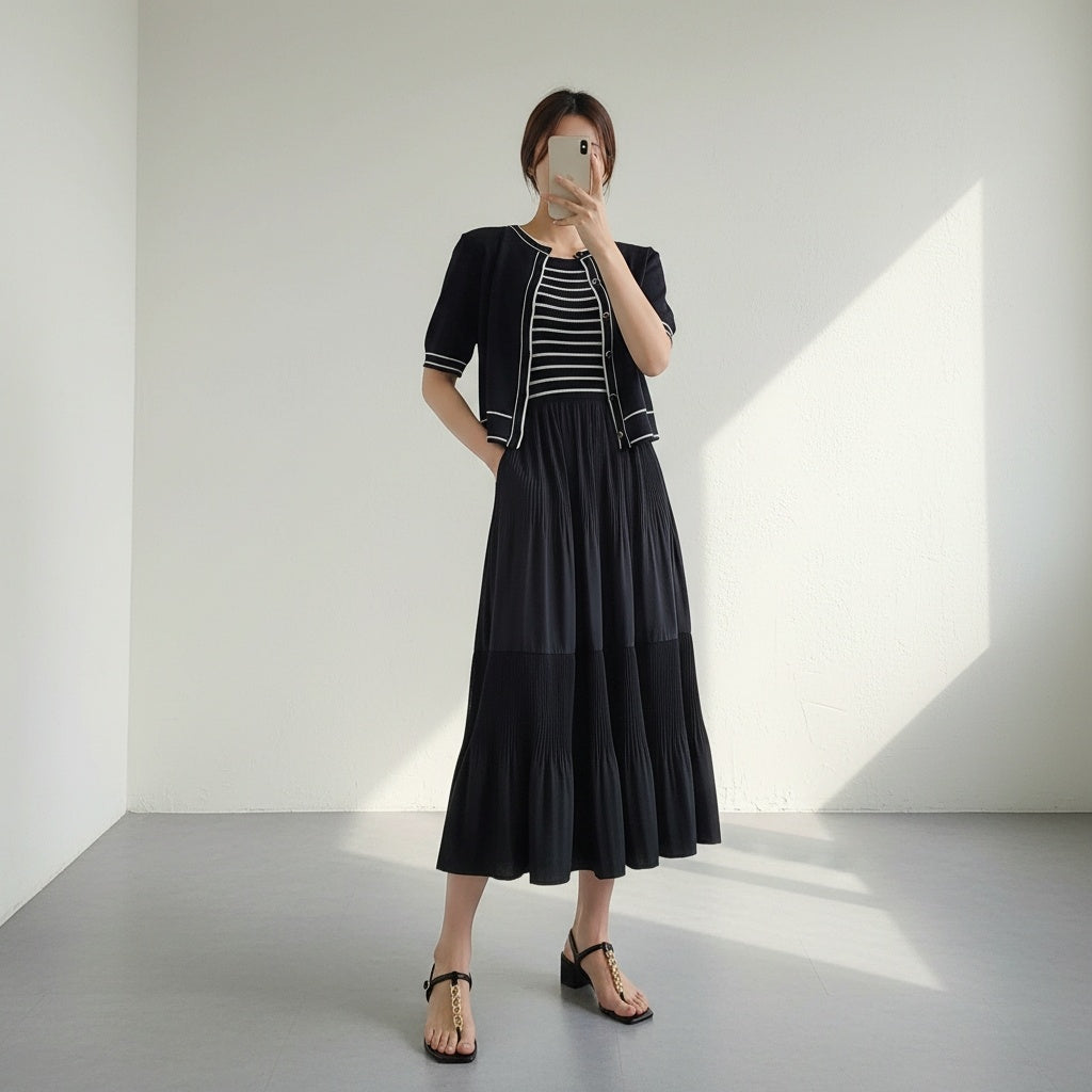 [AURACASA] Shine Set – Stripe Knit Maxi Dress & Cardigan 2-Piece Set