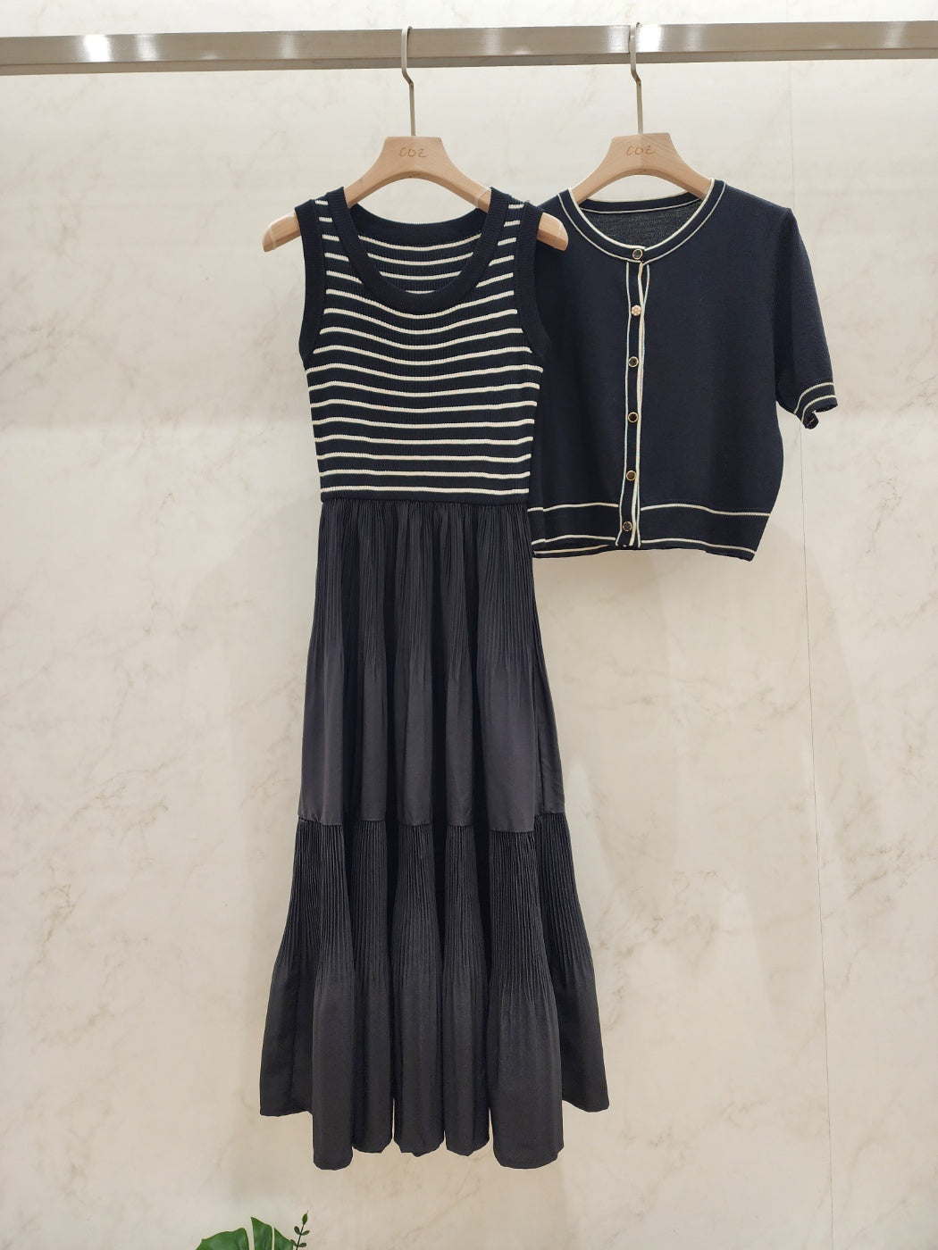 [AURACASA] Shine Set – Stripe Knit Maxi Dress & Cardigan 2-Piece Set