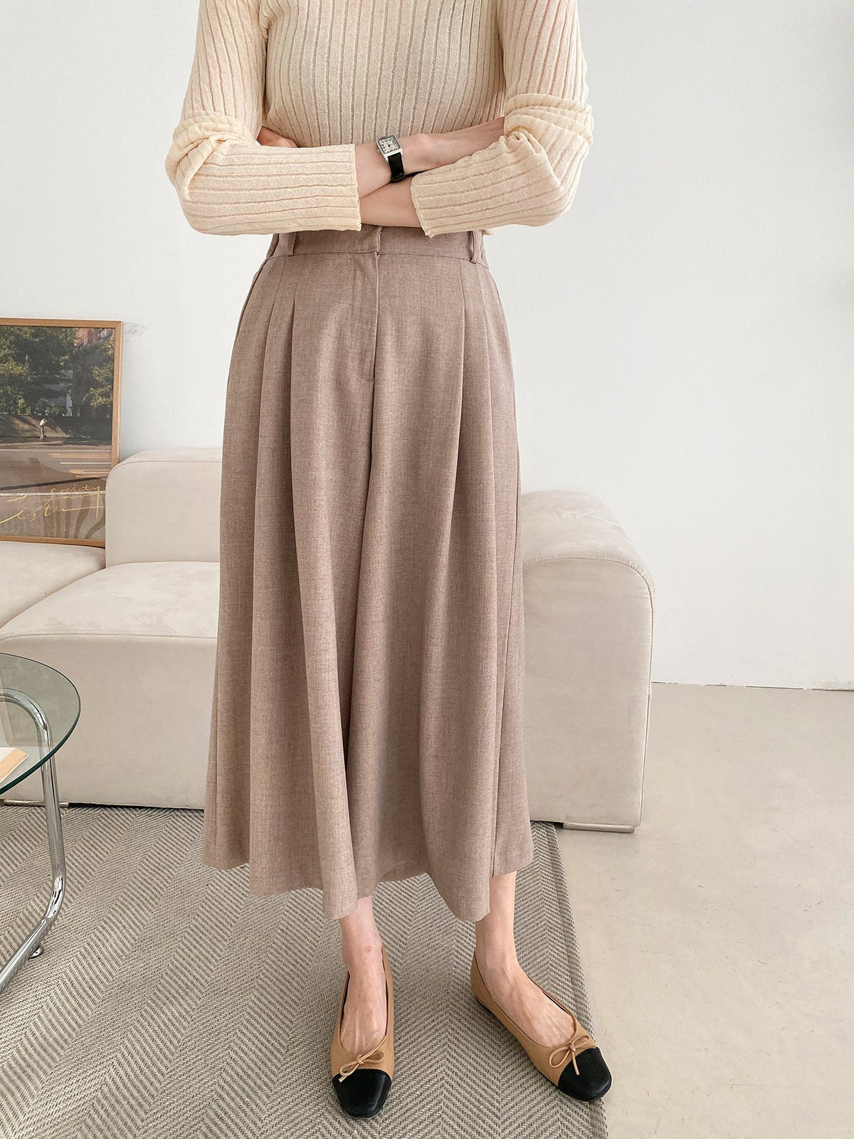 [AURACASA] Pleated Wide Culotte Pants – Back Elastic Waist