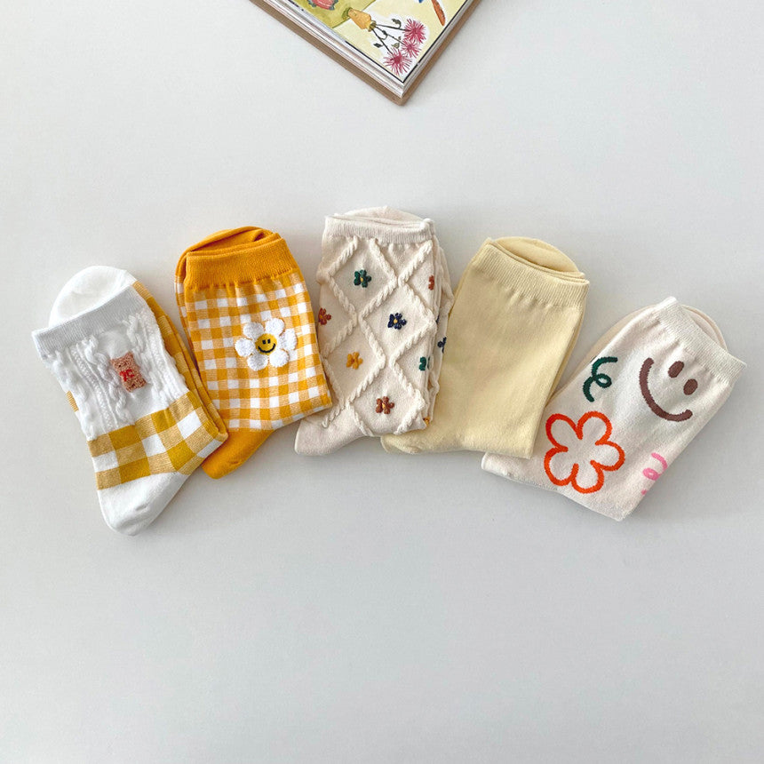 AURACASA Cute Gift Women 5 Pairs Socks Yellow Set Gift Set 귀여운 5종 양말 노랑 선물 세트