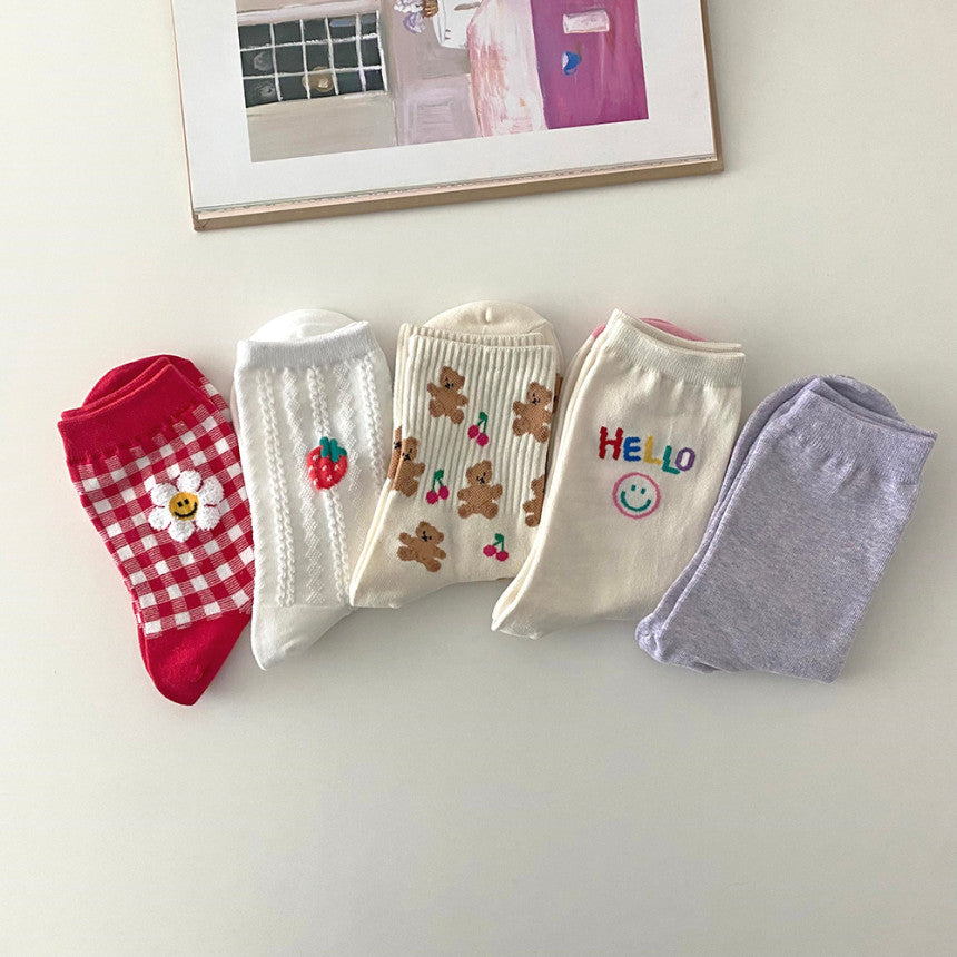 AURACASA Cute Gift Women 5 Pairs Socks Red Set 귀여운 5종 양말 레드세트
