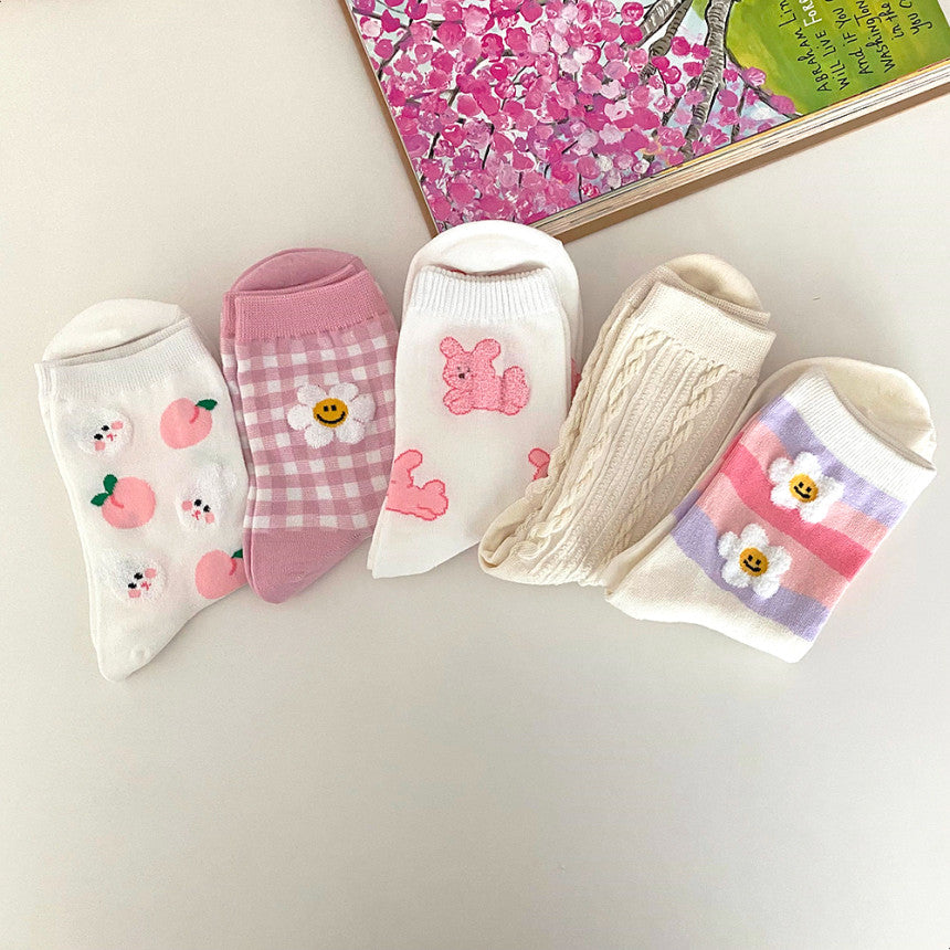 AURACASA Cute Gift Women 5 Pairs Socks Pink Set 귀여운 5종 양말 핑크세트