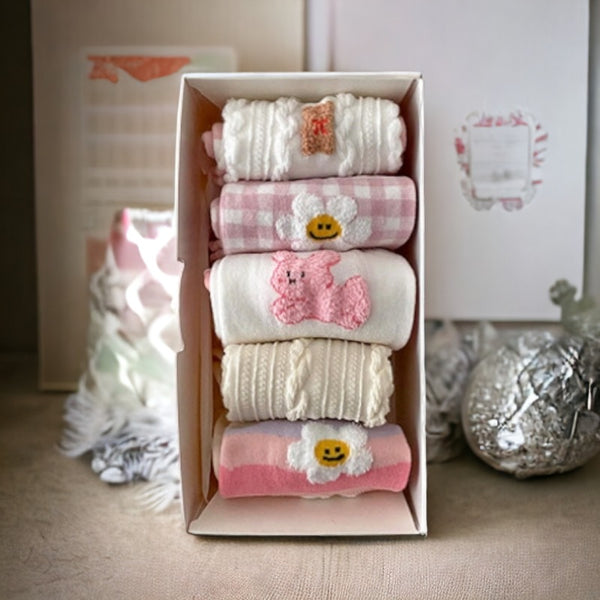 AURACASA Cute Gift Women 5 Pairs Socks Pink Set 귀여운 5종 양말 핑크세트