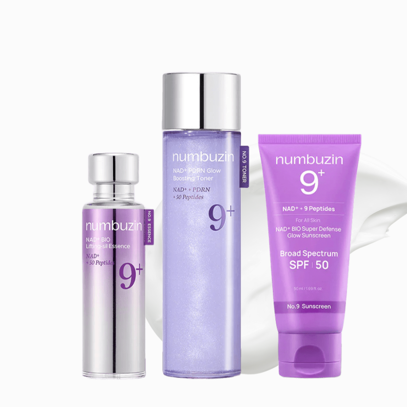 Numbuzin No.9 NAD+ skincare bundle with toner, essence, and SPF 50 sunscreen in white bottles