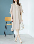 [AURACASA] Élise Pearl Sheer-Trim Midi Dress