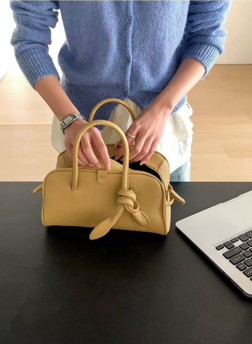 AURACASA Minimal Knot Boston Bag – Structured Mini Top Handle Bag (Black / Brown / Ivory / Mustard)