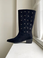 [AURACASA] Studded Suede Square Toe Mid-Calf Boots – Black