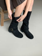 [AURACASA] Vintage Suede Buckle Mid-Calf Boots – Black & Beige