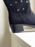 [AURACASA] Studded Suede Square Toe Mid-Calf Boots – Black
