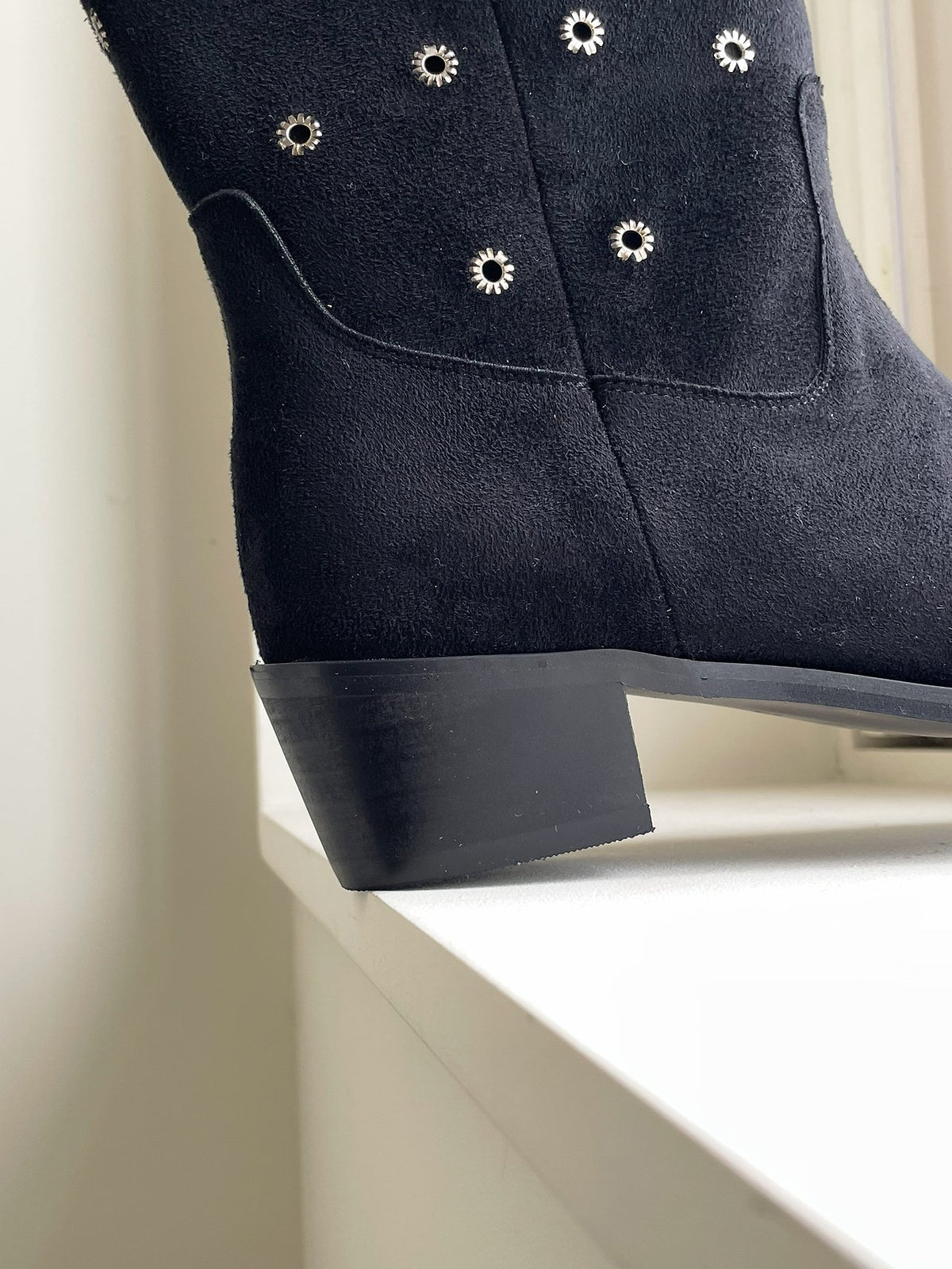 [AURACASA] Studded Suede Square Toe Mid-Calf Boots – Black
