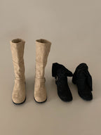 [AURACASA] Vintage Suede Buckle Mid-Calf Boots – Black & Beige