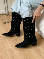 [AURACASA] Studded Suede Square Toe Mid-Calf Boots – Black