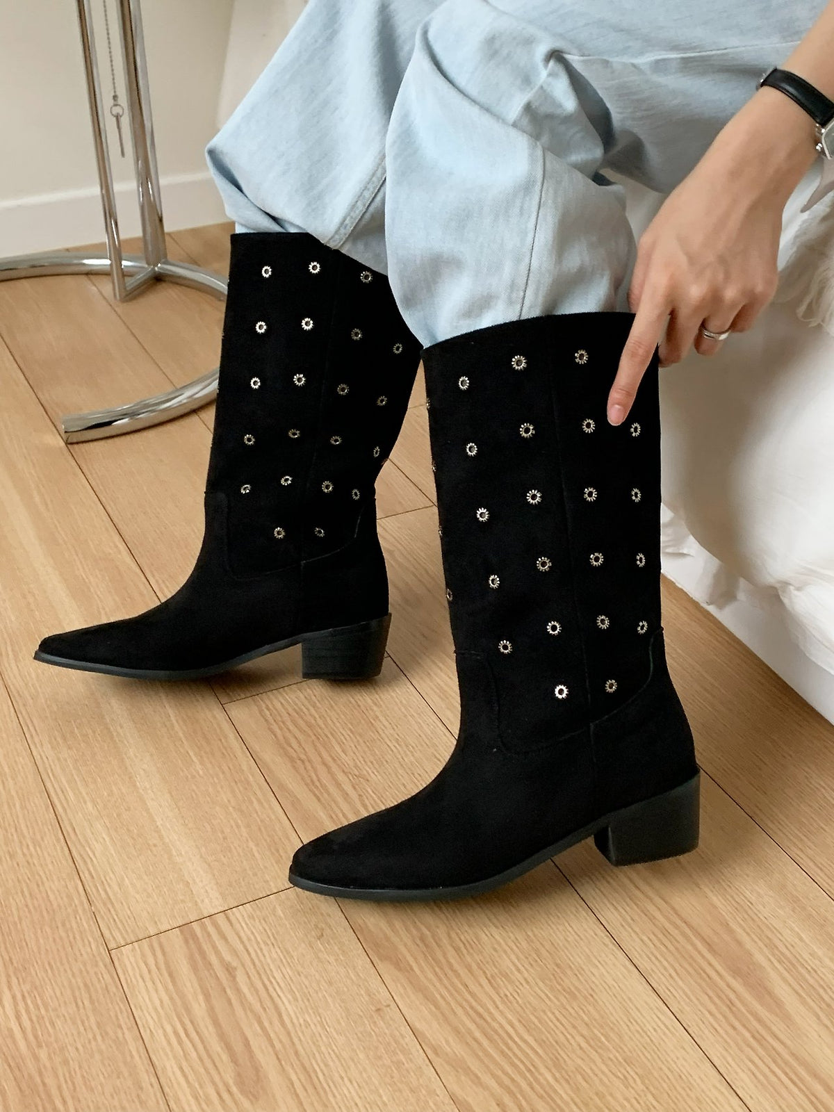 [AURACASA] Studded Suede Square Toe Mid-Calf Boots – Black
