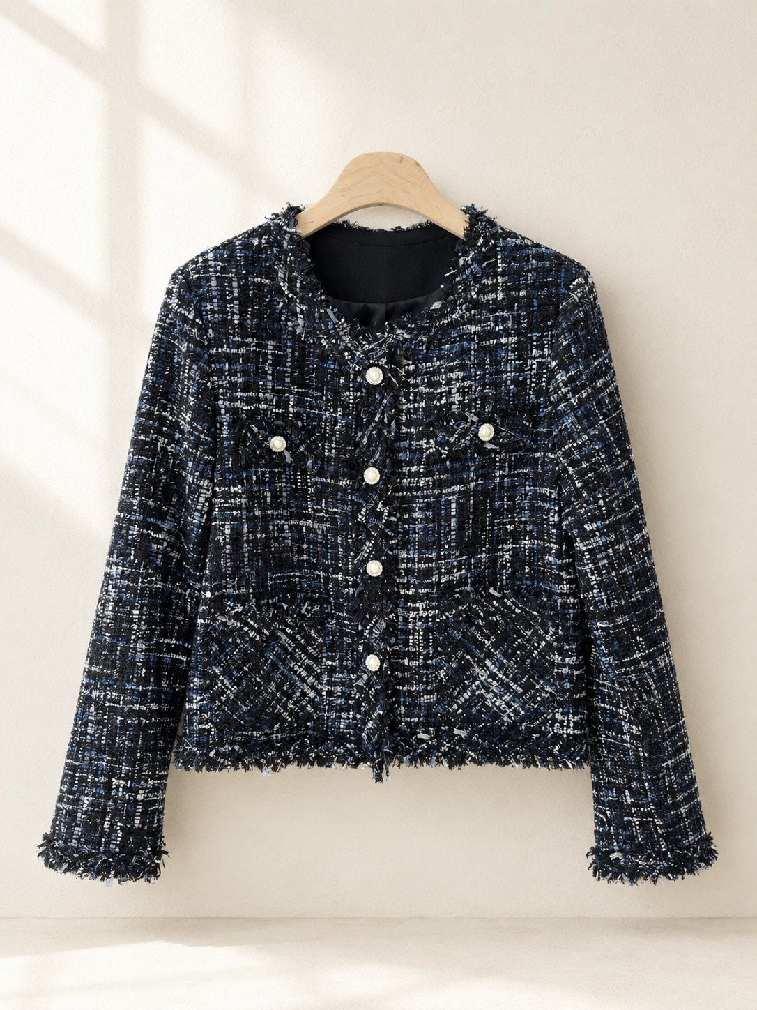 [AURACASA] Pearl Button Fringe Tweed Jacket – Elegant Semi-Cropped Fit