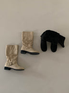 [AURACASA] Vintage Suede Buckle Mid-Calf Boots – Black & Beige