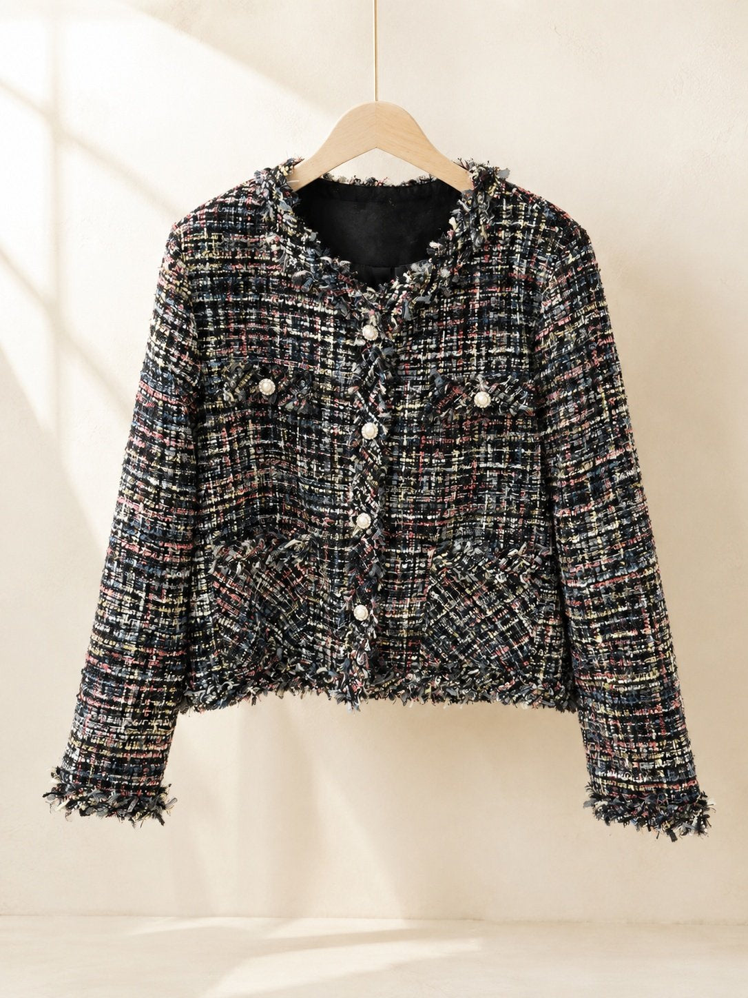 [AURACASA] Pearl Button Fringe Tweed Jacket – Elegant Semi-Cropped Fit